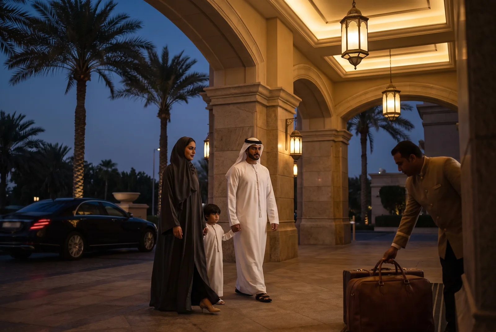 A family arriving at the entrance of a five-star Abu Dhabi hotel in the evening